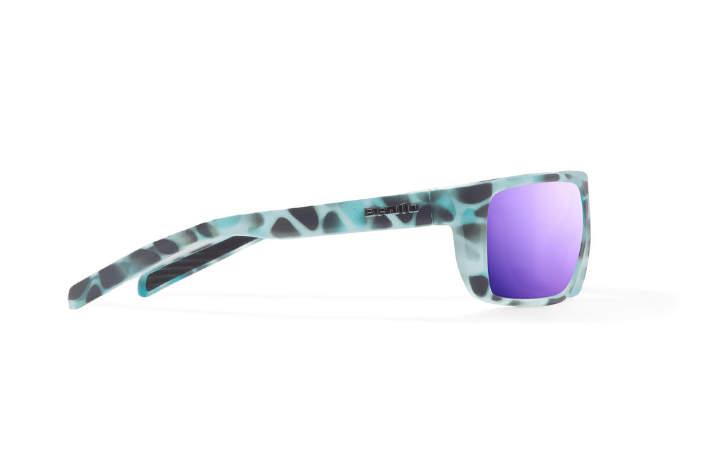 Side view of Light Blue Water Matte Sigs Bajio tight line sunglasses, bio-based nylon frames with violet mirror polarized lenses, full wrap, medium fit, premium built in sun ledge and flex hinges, ideal for fishing and outdoor use.