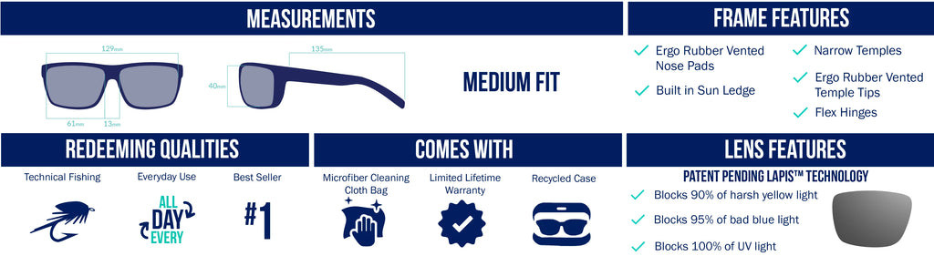 Medium fit polarized fishing sunglasses with LAPIS™ lens tech that blocks 90% yellow light, 95% blue light, and 100% UV. Available in lens colors tailored for fishing types: Violet, Rose, Silver, Copper, Green, Grey, and Blue. Ideal for fly fishing, freshwater, saltwater, offshore, and sight fishing. Features rubber vented nose pads, flex hinges, temple tips, and sun ledge. Includes microfiber cloth, recycled case, and lifetime warranty.
