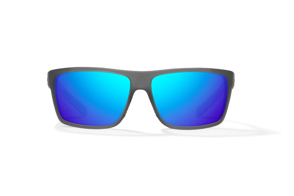Front view of Dark Gray Glass Matte Sigs Bajio tight line sunglasses, bio-based nylon frames with blue mirror polarized lenses, full wrap, medium fit, premium built in sun ledge and flex hinges, ideal for fishing and outdoor use.