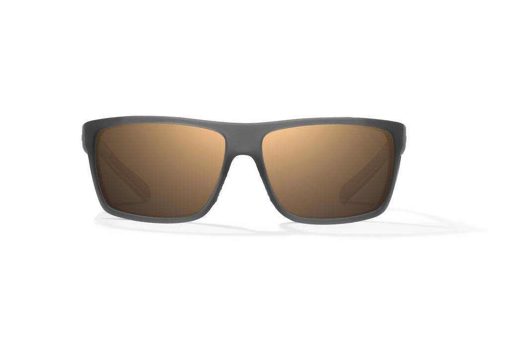 Front view of Dark Gray Glass Matte Sigs Bajio tight line sunglasses, bio-based nylon frames with copper polarized lenses, full wrap, medium fit, premium built in sun ledge and flex hinges, ideal for fishing and outdoor use.