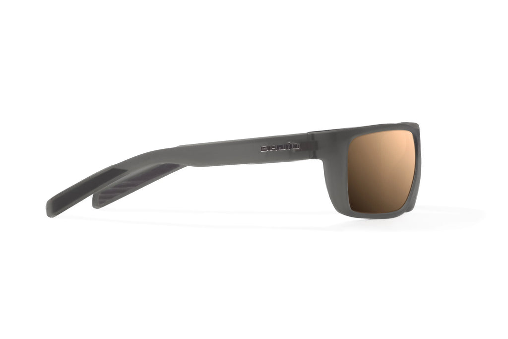 Side view of Dark Gray Glass Matte Sigs Bajio tight line sunglasses, bio-based nylon frames with copper polarized lenses, full wrap, medium fit, premium built in sun ledge and flex hinges, ideal for fishing and outdoor use.
