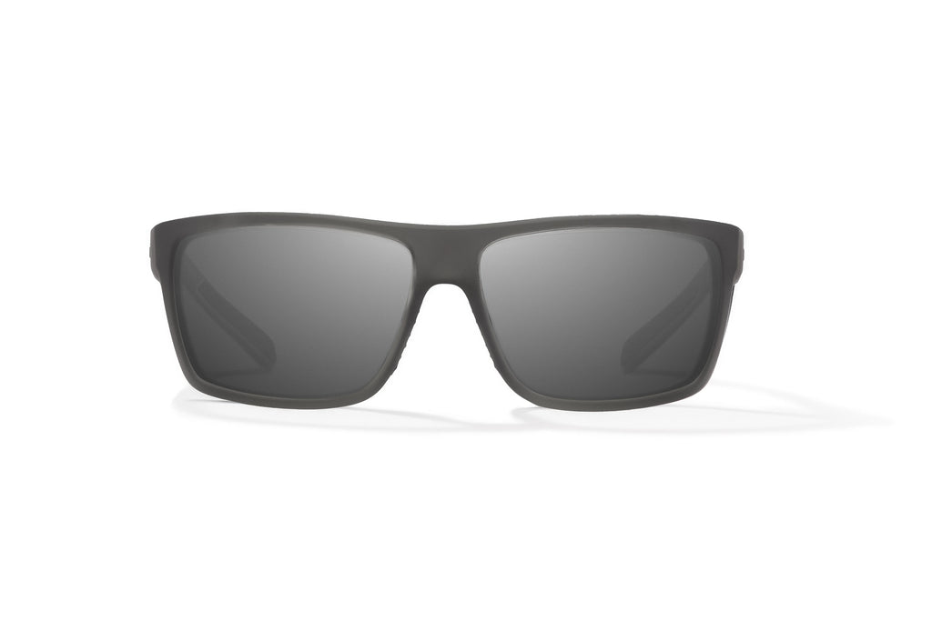 Front view of Dark Gray Glass Matte Sigs Bajio tight line sunglasses, bio-based nylon frames with gray polarized lenses, full wrap, medium fit, premium built in sun ledge and flex hinges, ideal for fishing and outdoor use.