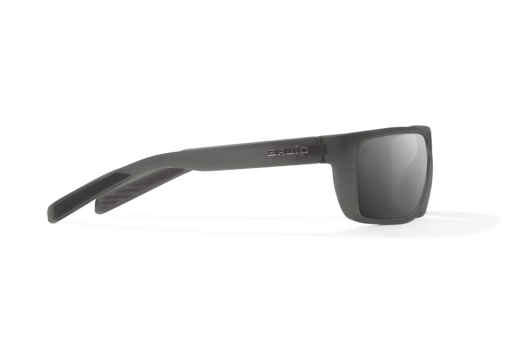 Side view of Dark Gray Glass Matte Sigs Bajio tight line sunglasses, bio-based nylon frames with gray polarized lenses, full wrap, medium fit, premium built in sun ledge and flex hinges, ideal for fishing and outdoor use.