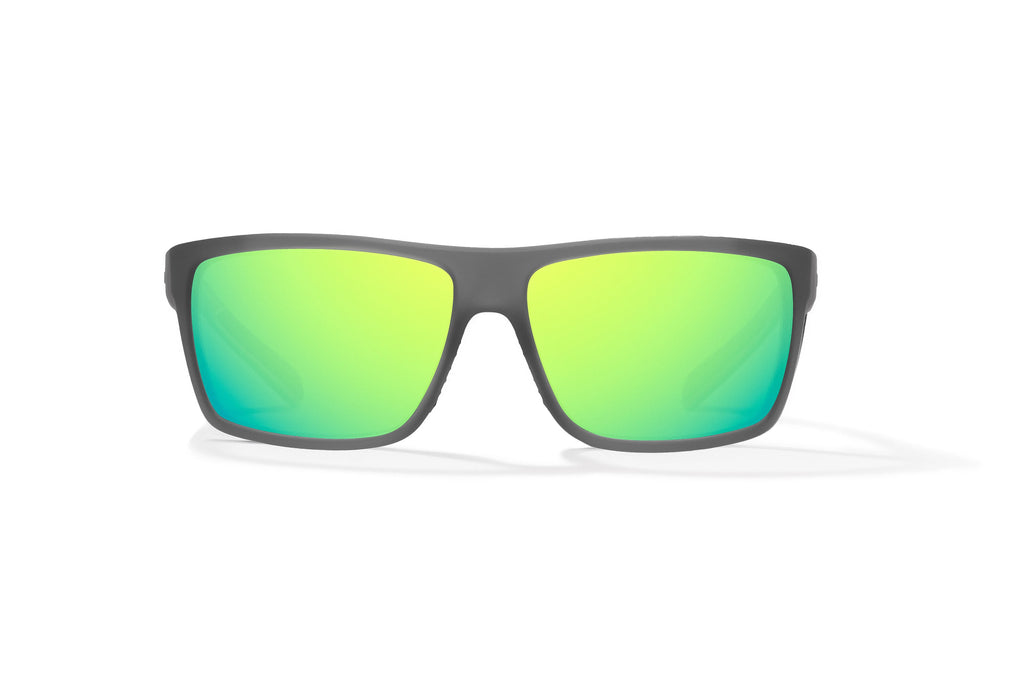 Front view of Dark Gray Glass Matte Sigs Bajio tight line sunglasses, bio-based nylon frames with green mirror polarized lenses, full wrap, medium fit, premium built in sun ledge and flex hinges, ideal for fishing and outdoor use.