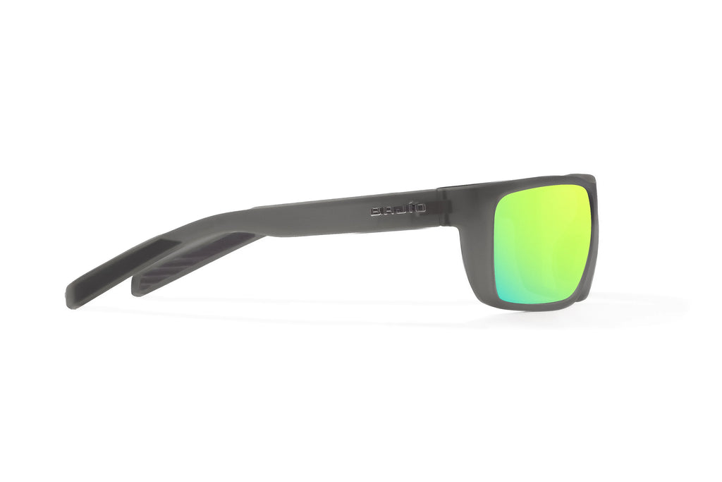 Side view of Dark Gray Glass Matte Sigs Bajio tight line sunglasses, bio-based nylon frames with green mirror polarized lenses, full wrap, medium fit, premium built in sun ledge and flex hinges, ideal for fishing and outdoor use.