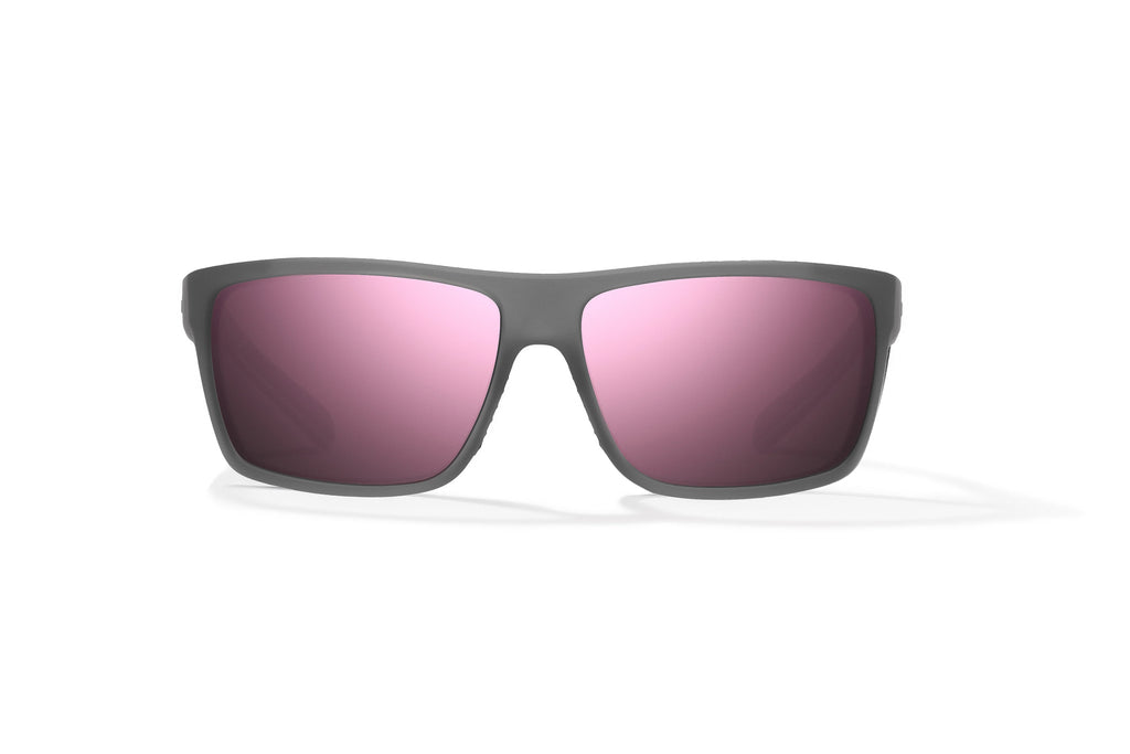 Front view of Dark Gray Glass Matte Sigs Bajio tight line sunglasses, bio-based nylon frames with rose mirror polarized lenses, full wrap, medium fit, premium built in sun ledge and flex hinges, ideal for fishing and outdoor use.