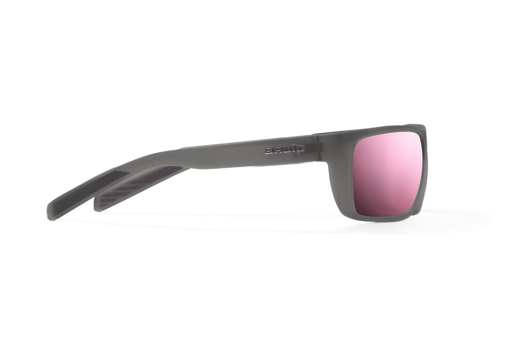 Side view of Dark Gray Glass Matte Sigs Bajio tight line sunglasses, bio-based nylon frames with rose mirror polarized lenses, full wrap, medium fit, premium built in sun ledge and flex hinges, ideal for fishing and outdoor use.