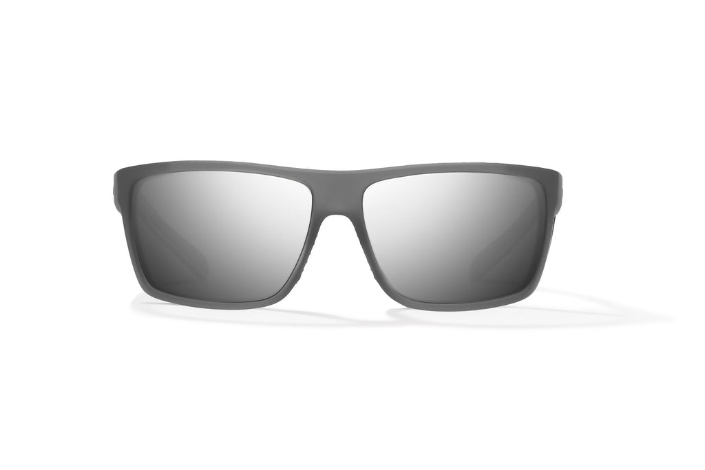 Front view of Dark Gray Glass Matte Sigs Bajio tight line sunglasses, bio-based nylon frames with silver mirror polarized lenses, full wrap, medium fit, premium built in sun ledge and flex hinges, ideal for fishing and outdoor use.