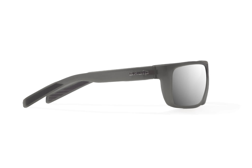 Side view of Dark Gray Glass Matte Sigs Bajio tight line sunglasses, bio-based nylon frames with silver mirror polarized lenses, full wrap, medium fit, premium built in sun ledge and flex hinges, ideal for fishing and outdoor use.