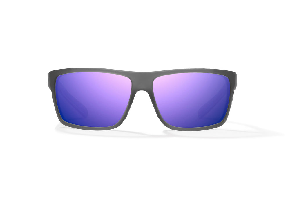 Front view of Dark Gray Glass Matte Sigs Bajio tight line sunglasses, bio-based nylon frames with violet mirror polarized lenses, full wrap, medium fit, premium built in sun ledge and flex hinges, ideal for fishing and outdoor use.