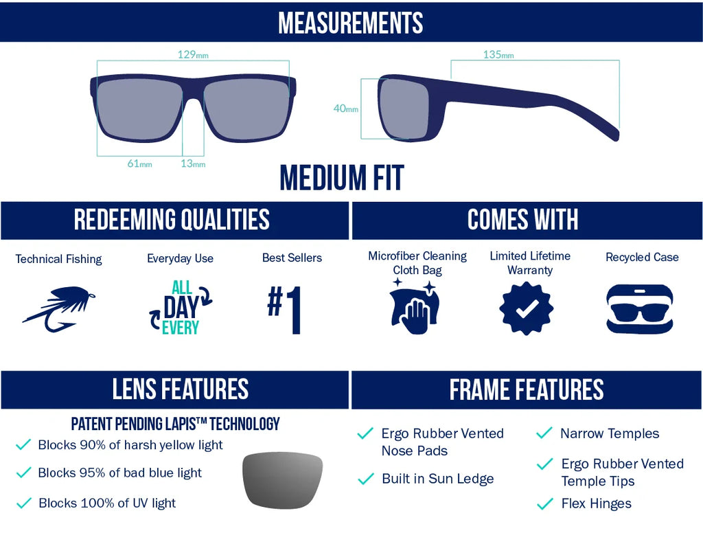 Medium fit polarized fishing sunglasses with LAPIS™ lens tech that blocks 90% yellow light, 95% blue light, and 100% UV. Available in lens colors tailored for fishing types: Violet, Rose, Silver, Copper, Green, Grey, and Blue. Ideal for fly fishing, freshwater, saltwater, offshore, and sight fishing. Features rubber vented nose pads, flex hinges, temple tips, and sun ledge. Includes microfiber cloth, recycled case, and lifetime warranty.