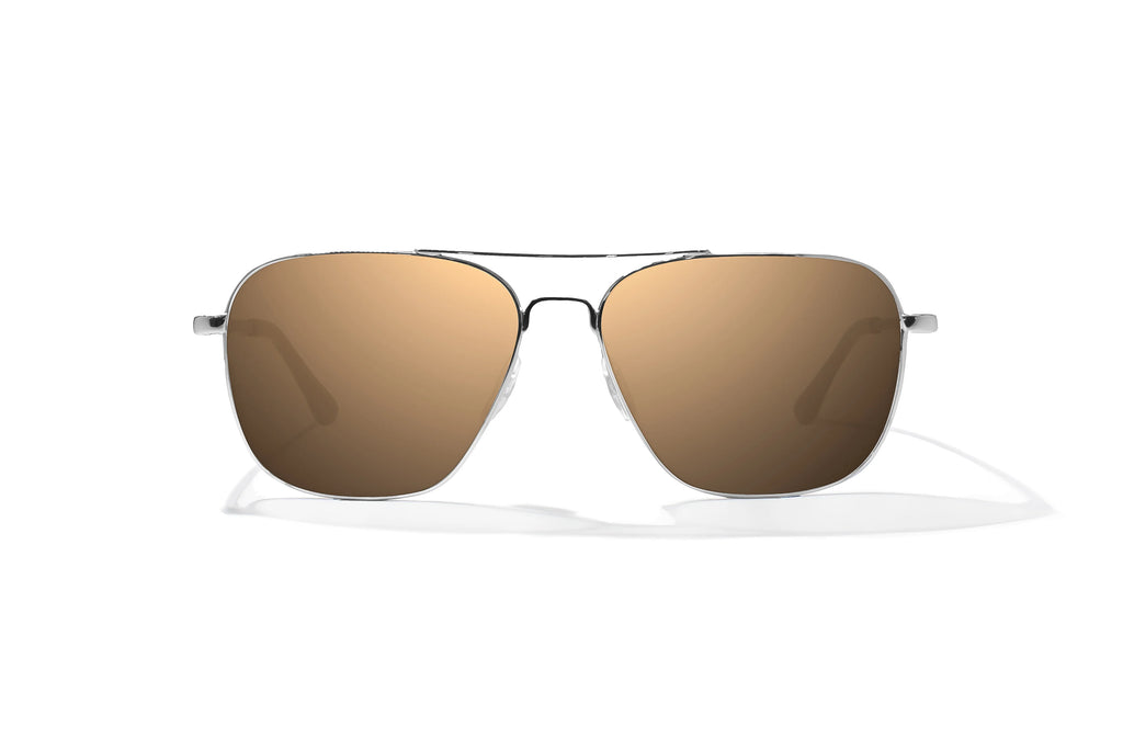 Front view of Silver Gloss metal Snipes Bajio sunglasses with copper polarized lenses, large-fit premium hypo-allergenic stainless steel frames and sturdy barrel hinges, ideal for fishing and outdoor use.