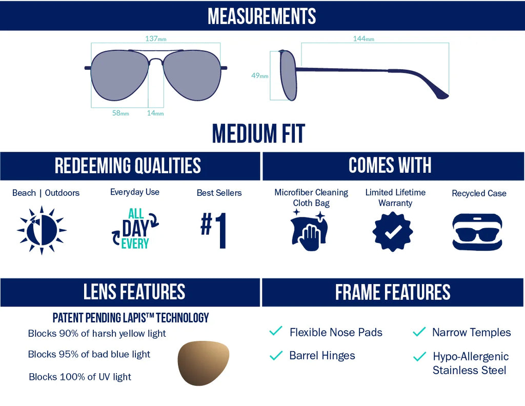 Medium fit polarized aviator-style sunglasses with LAPIS™ lenses that block 90% yellow light, 95% blue light, and 100% UV. Perfect for beach, outdoor adventures, and daily use. Lens color options include Violet, Rose, Silver, Copper, Green, Grey, and Blue for versatile fishing and lifestyle needs. Features stainless steel hypoallergenic frame, flexible nose pads, narrow temples, and barrel hinges. Includes microfiber cloth, recycled case, and lifetime warranty.