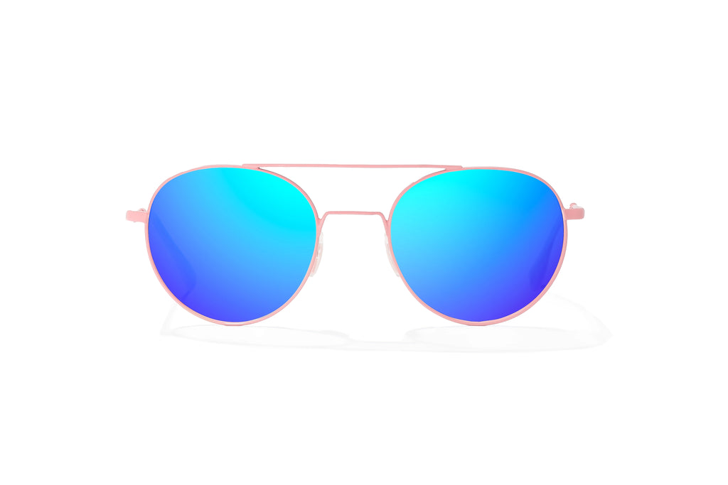 Front-facing view of Light pink metal Tionia Bajio sunglasses with blue mirror polarized lenses, small-fit vintage frames for narrow faces, ideal for fishing and outdoor use.