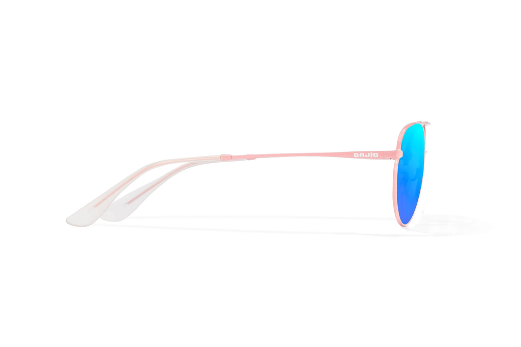 Side view of Light pink metal Tionia Bajio sunglasses with blue mirror polarized lenses, small-fit vintage frames for narrow faces, ideal for fishing and outdoor use.