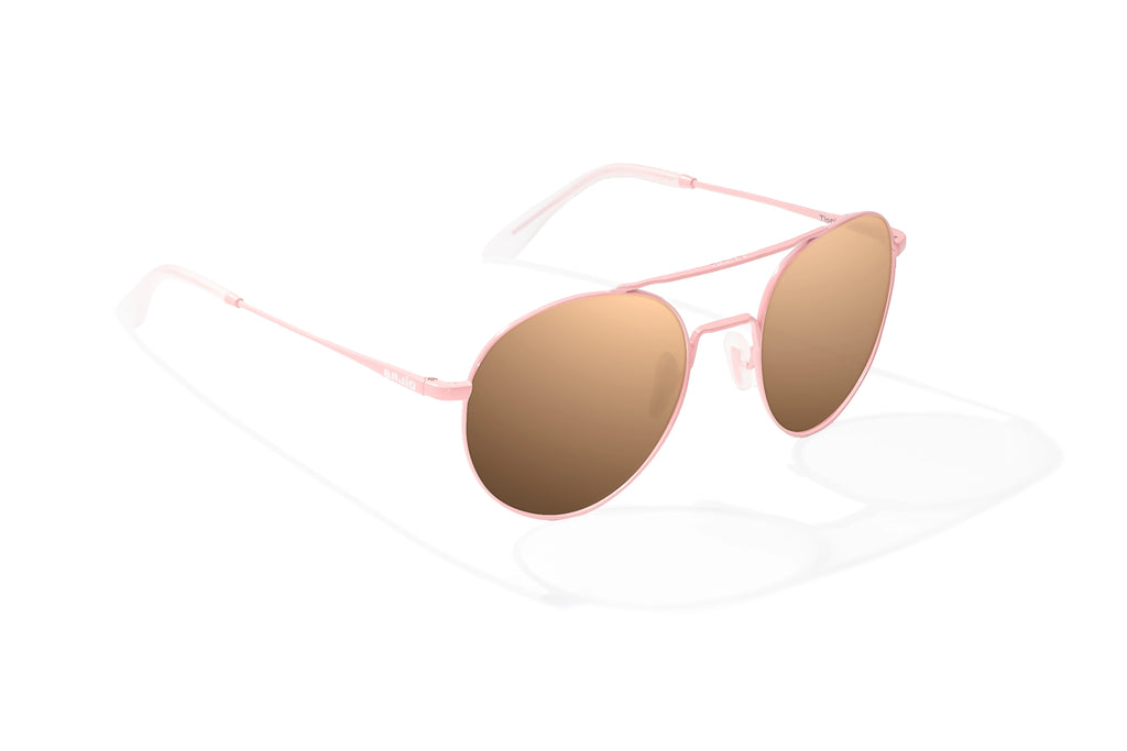 Angled side view of Light pink metal Tionia Bajio sunglasses with copper polarized lenses, small-fit vintage frames for narrow faces, ideal for fishing and outdoor use.