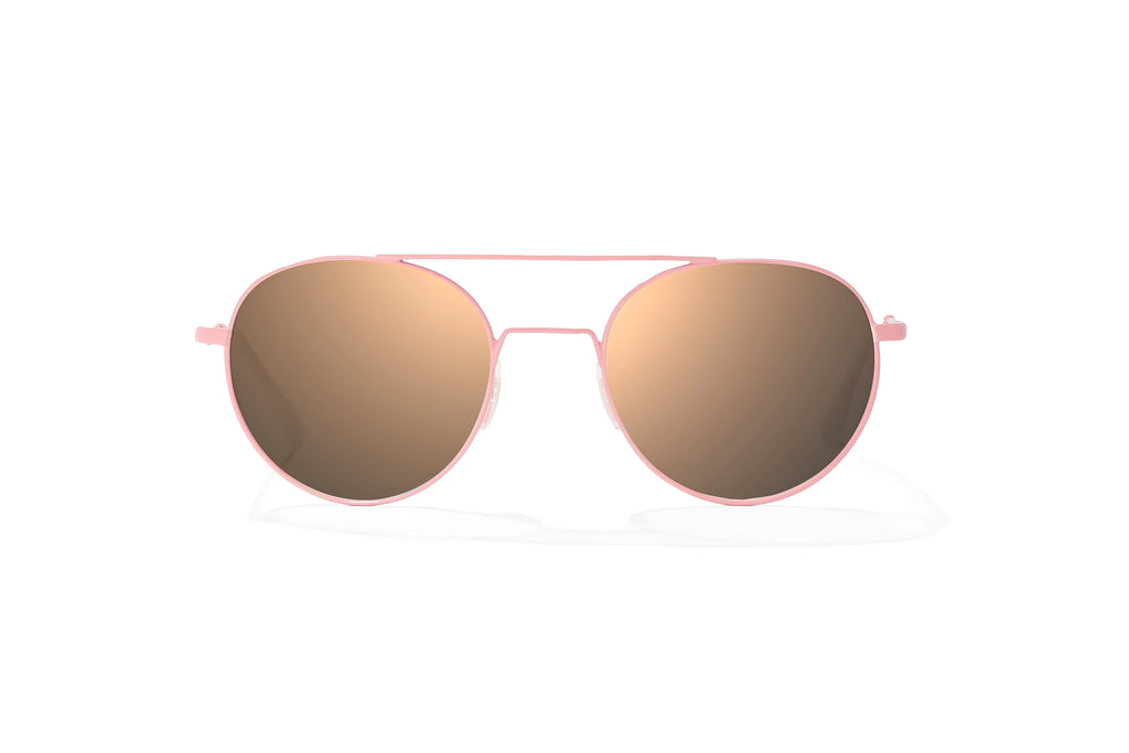 Front-facing view of Light pink metal Tionia Bajio sunglasses with copper polarized lenses, small-fit vintage frames for narrow faces, ideal for fishing and outdoor use.