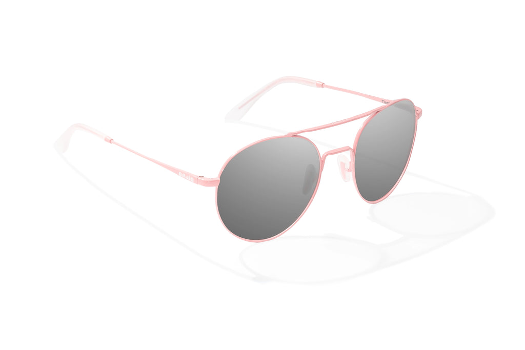 Angled side view of Light pink metal Tionia Bajio sunglasses with gray polarized lenses, small-fit vintage frames for narrow faces, ideal for fishing and outdoor use.