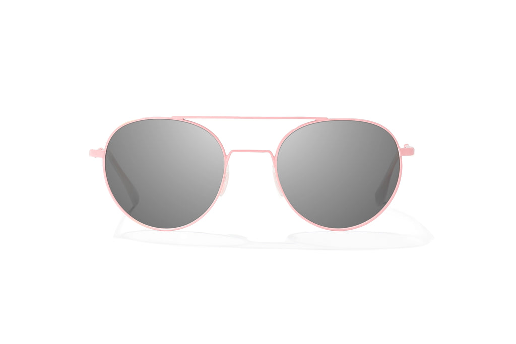 Front-facing view of Light pink metal Tionia Bajio sunglasses with gray polarized lenses, small-fit vintage frames for narrow faces, ideal for fishing and outdoor use.