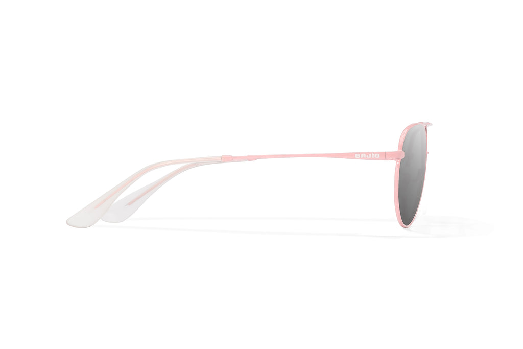 Side view of Light pink metal Tionia Bajio sunglasses with gray polarized lenses, small-fit vintage frames for narrow faces, ideal for fishing and outdoor use.