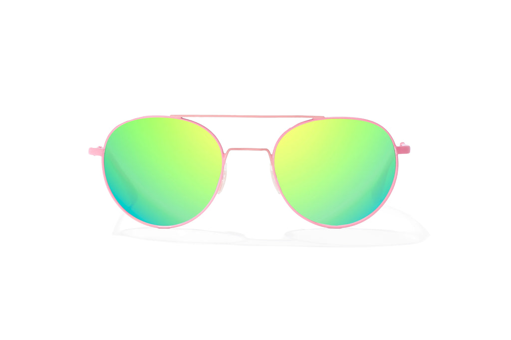 Front-facing view of Light pink metal Tionia Bajio sunglasses with green mirror polarized lenses, small-fit vintage frames for narrow faces, ideal for fishing and outdoor use.