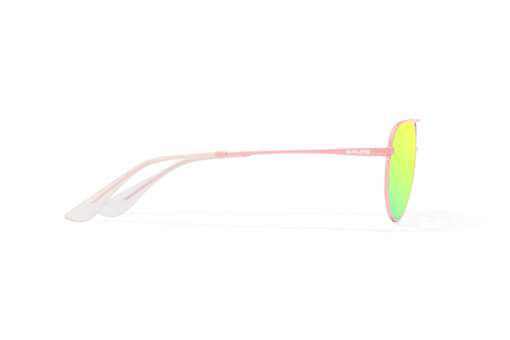 Side view of Light pink metal Tionia Bajio sunglasses with green mirror polarized lenses, small-fit vintage frames for narrow faces, ideal for fishing and outdoor use.