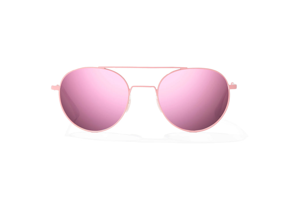 Front-facing view of Light pink metal Tionia Bajio sunglasses with rose mirror polarized lenses, small-fit vintage frames for narrow faces, ideal for fishing and outdoor use.