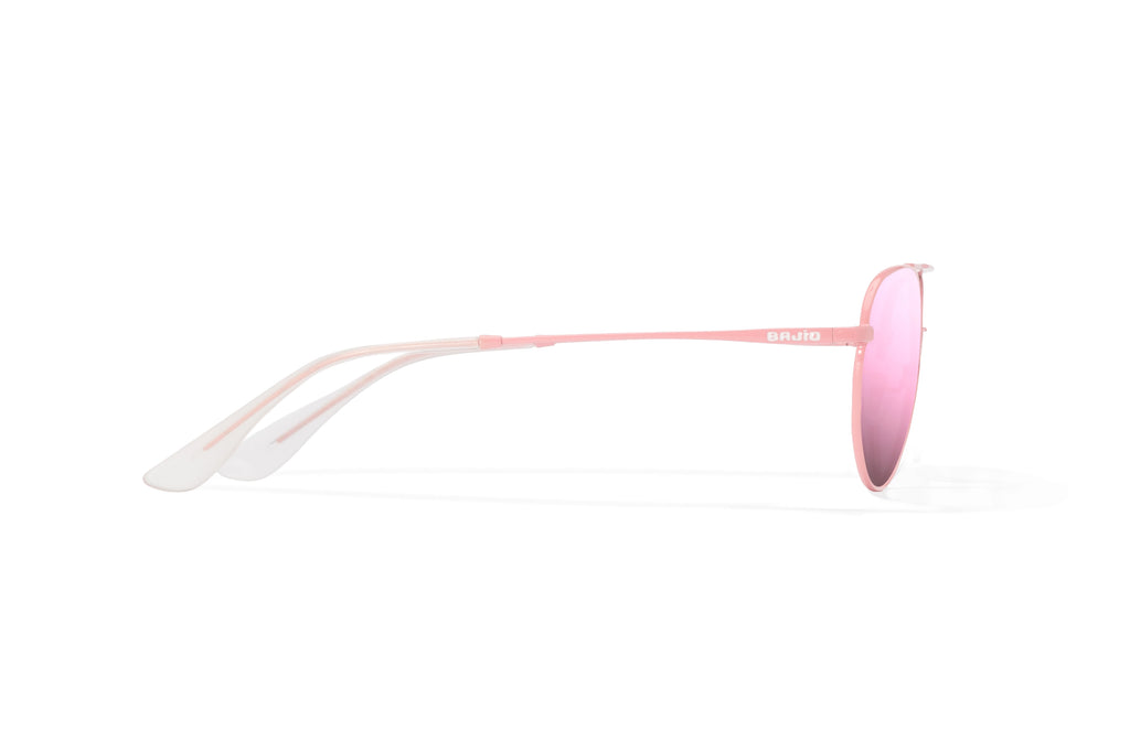 Side view of Light pink metal Tionia Bajio sunglasses with rose mirror polarized lenses, small-fit vintage frames for narrow faces, ideal for fishing and outdoor use.