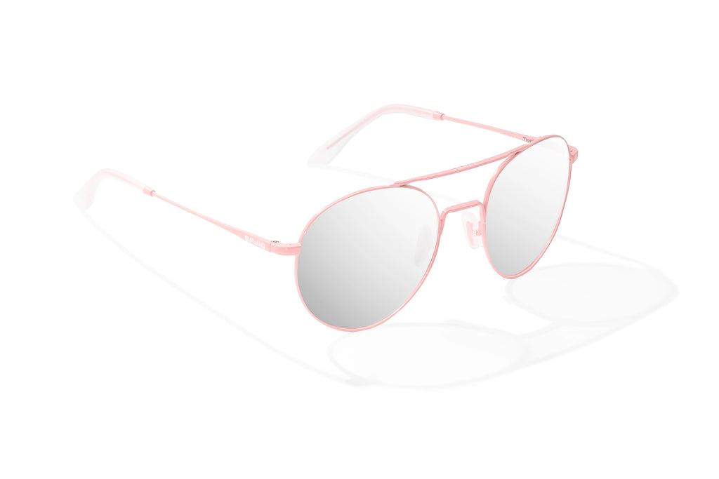 Angled side view of Light pink metal Tionia Bajio sunglasses with silver mirror polarized lenses, small-fit vintage frames for narrow faces, ideal for fishing and outdoor use.