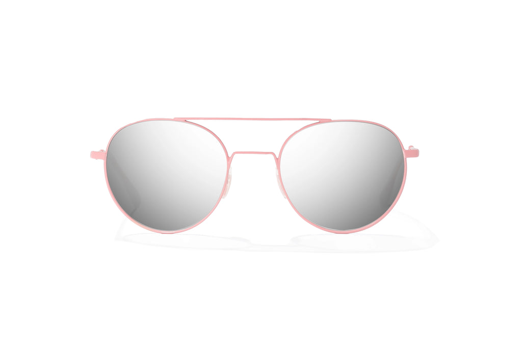 Front-facing view of Light pink metal Tionia Bajio sunglasses with silver mirror polarized lenses, small-fit vintage frames for narrow faces, ideal for fishing and outdoor use.