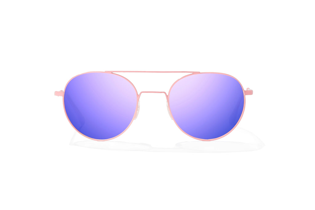 Front-facing view of Light pink metal Tionia Bajio sunglasses with violet mirror polarized lenses, small-fit vintage frames for narrow faces, ideal for fishing and outdoor use.