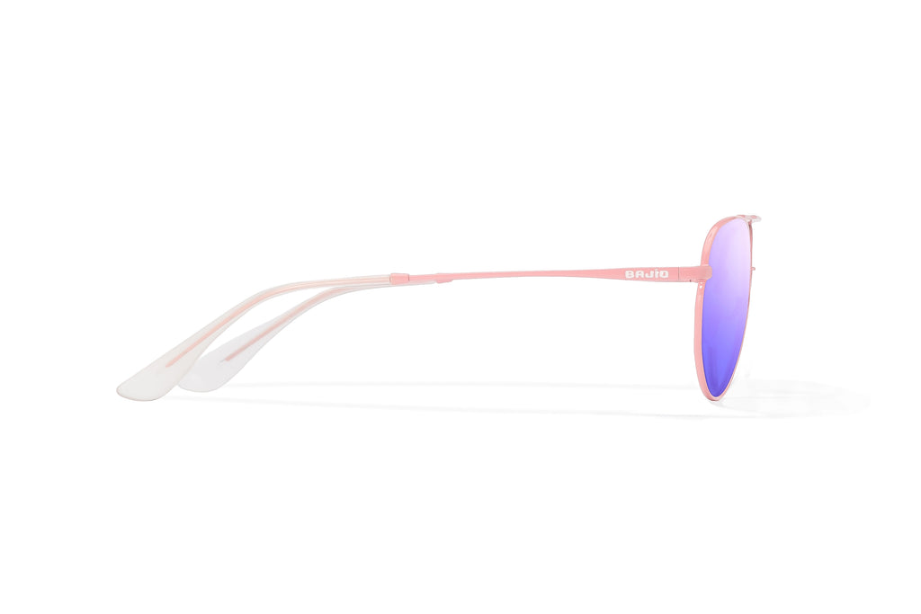 Side view of Light pink metal Tionia Bajio sunglasses with violet mirror polarized lenses, small-fit vintage frames for narrow faces, ideal for fishing and outdoor use.