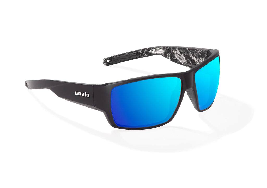 Angled view of Black Matte - Temples for Change Vega Bajio wide body sunglasses, bio-based nylon frames with blue mirror polarized lenses, full wrap, large fit, premium built in sun ledge and flex hinges, ideal for fishing and outdoor use. 