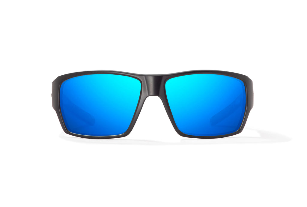 Front view of Black Matte - Temples for Change Vega Bajio wide body sunglasses, bio-based nylon frames with blue mirror polarized lenses, full wrap, large fit, premium built in sun ledge and flex hinges, ideal for fishing and outdoor use. 