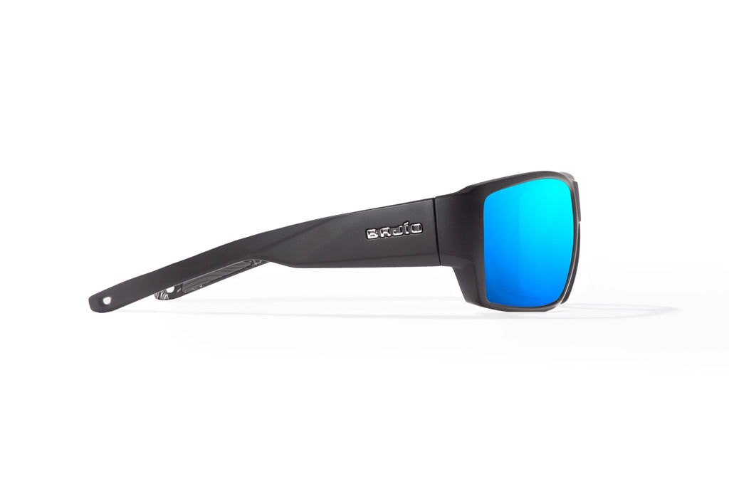 Side view of Black Matte - Temples for Change Vega Bajio wide body sunglasses, bio-based nylon frames with blue mirror polarized lenses, full wrap, large fit, premium built in sun ledge and flex hinges, ideal for fishing and outdoor use. 