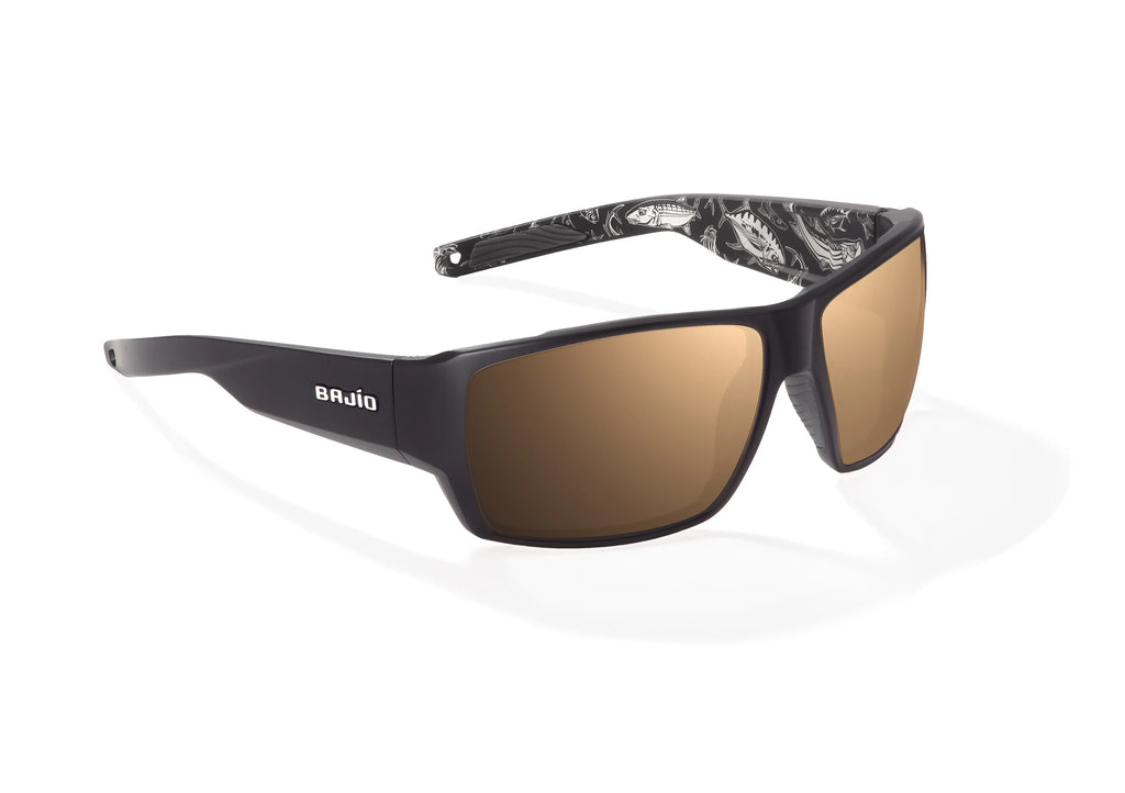 Angled view of Black Matte - Temples for Change Vega Bajio wide body sunglasses, bio-based nylon frames with copper polarized lenses, full wrap, large fit, premium built in sun ledge and flex hinges, ideal for fishing and outdoor use. 