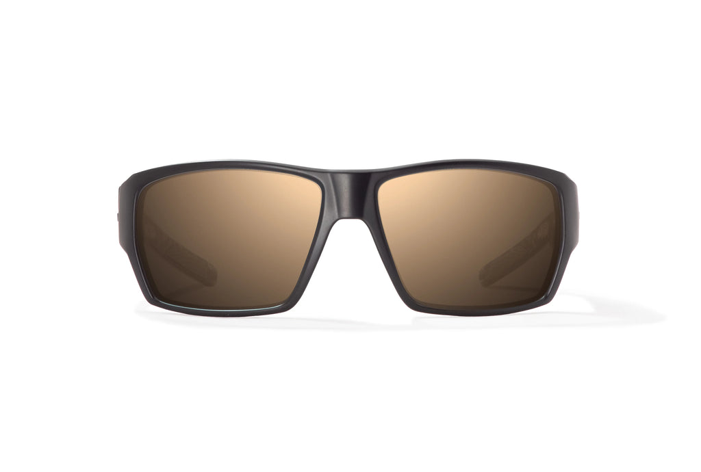Front view of Black Matte - Temples for Change Vega Bajio wide body sunglasses, bio-based nylon frames with copper polarized lenses, full wrap, large fit, premium built in sun ledge and flex hinges, ideal for fishing and outdoor use. 