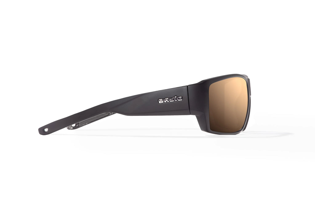 Side view of Black Matte - Temples for Change Vega Bajio wide body sunglasses, bio-based nylon frames with copper polarized lenses, full wrap, large fit, premium built in sun ledge and flex hinges, ideal for fishing and outdoor use. 