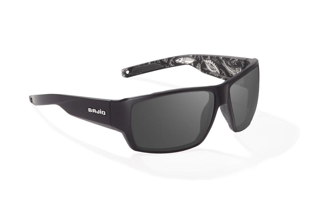 Angled view of Black Matte - Temples for Change Vega Bajio wide body sunglasses, bio-based nylon frames with gray polarized lenses, full wrap, large fit, premium built in sun ledge and flex hinges, ideal for fishing and outdoor use. 