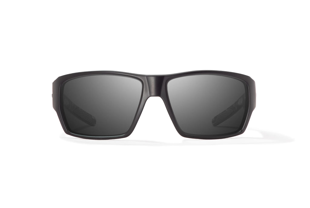 Front view of Black Matte - Temples for Change Vega Bajio wide body sunglasses, bio-based nylon frames with gray polarized lenses, full wrap, large fit, premium built in sun ledge and flex hinges, ideal for fishing and outdoor use. 