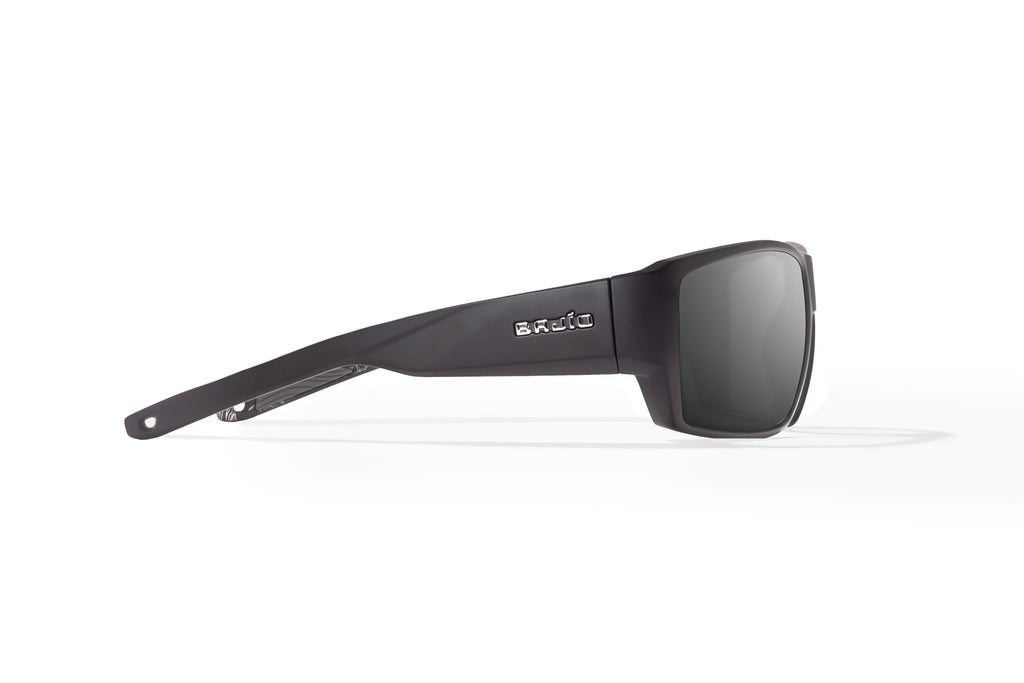 Side view of Black Matte - Temples for Change Vega Bajio wide body sunglasses, bio-based nylon frames with gray polarized lenses, full wrap, large fit, premium built in sun ledge and flex hinges, ideal for fishing and outdoor use. 