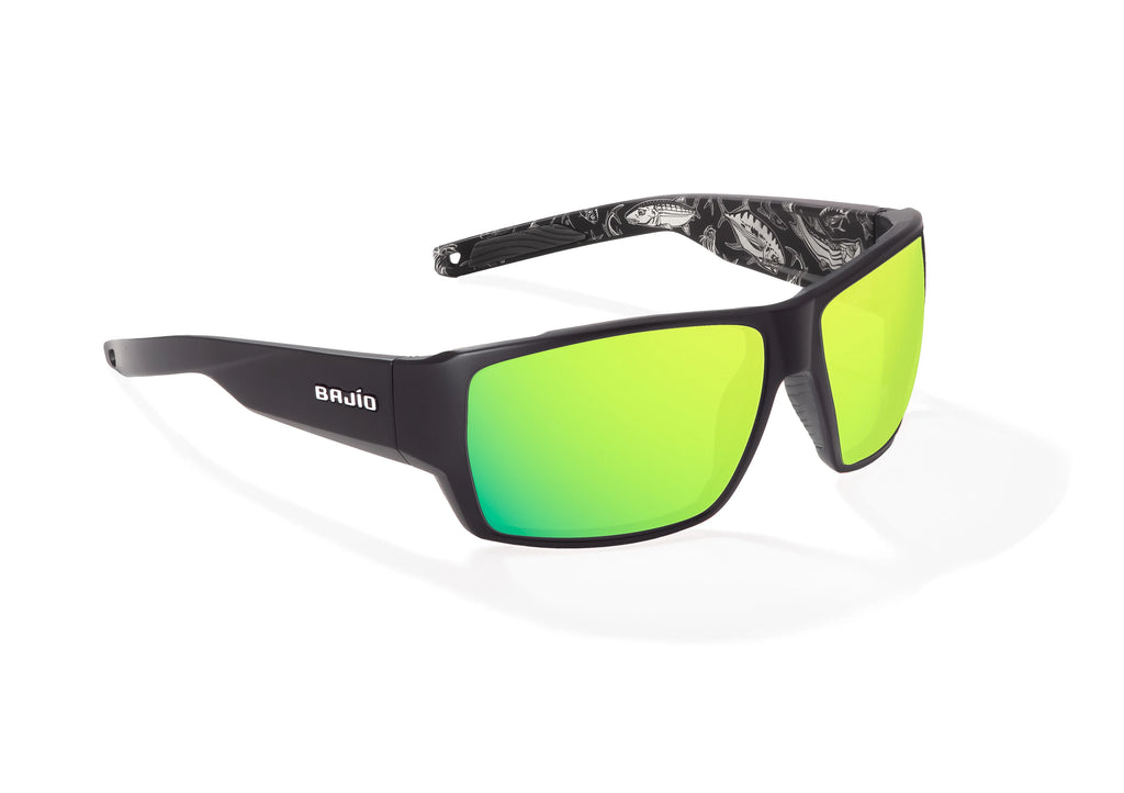 Angled view of Black Matte - Temples for Change Vega Bajio wide body sunglasses, bio-based nylon frames with green mirror polarized lenses, full wrap, large fit, premium built in sun ledge and flex hinges, ideal for fishing and outdoor use. 