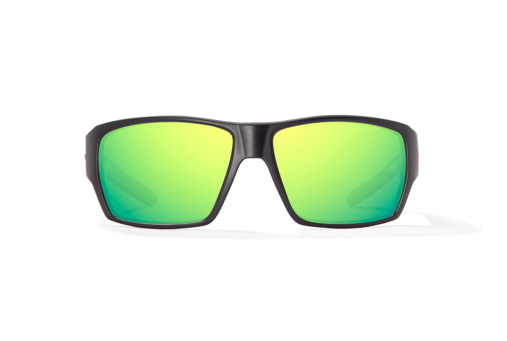 Front view of Black Matte - Temples for Change Vega Bajio wide body sunglasses, bio-based nylon frames with green mirror polarized lenses, full wrap, large fit, premium built in sun ledge and flex hinges, ideal for fishing and outdoor use. 