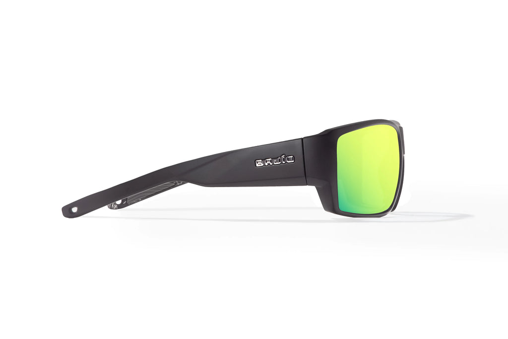 Side view of Black Matte - Temples for Change Vega Bajio wide body sunglasses, bio-based nylon frames with green mirror polarized lenses, full wrap, large fit, premium built in sun ledge and flex hinges, ideal for fishing and outdoor use. 