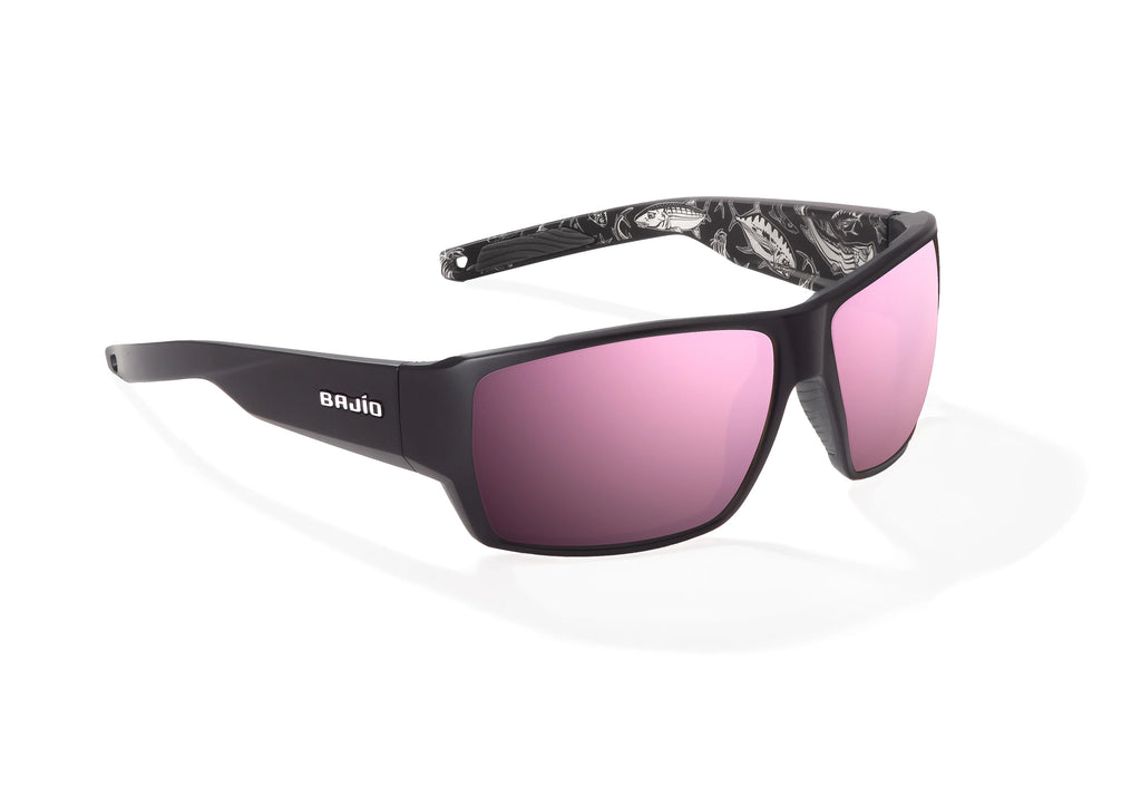 Angled view of Black Matte - Temples for Change Vega Bajio wide body sunglasses, bio-based nylon frames with rose mirror polarized lenses, full wrap, large fit, premium built in sun ledge and flex hinges, ideal for fishing and outdoor use. 