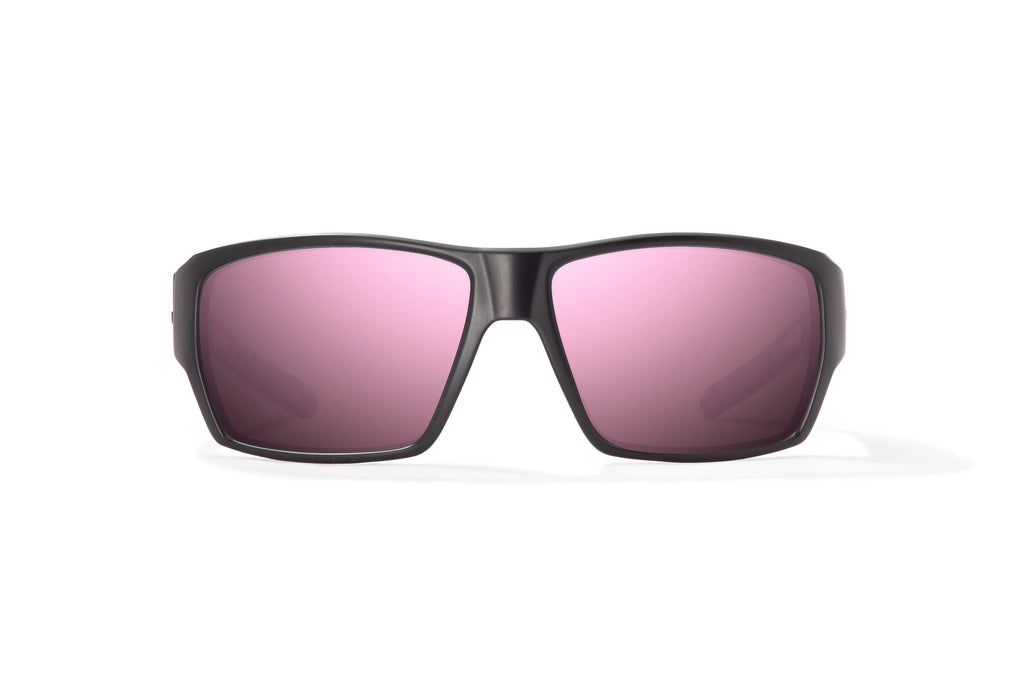 Front view of Black Matte - Temples for Change Vega Bajio wide body sunglasses, bio-based nylon frames with rose mirror polarized lenses, full wrap, large fit, premium built in sun ledge and flex hinges, ideal for fishing and outdoor use. 
