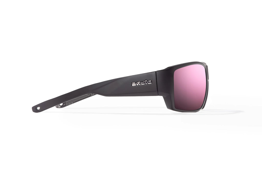 Side view of Black Matte - Temples for Change Vega Bajio wide body sunglasses, bio-based nylon frames with rose mirror polarized lenses, full wrap, large fit, premium built in sun ledge and flex hinges, ideal for fishing and outdoor use. 