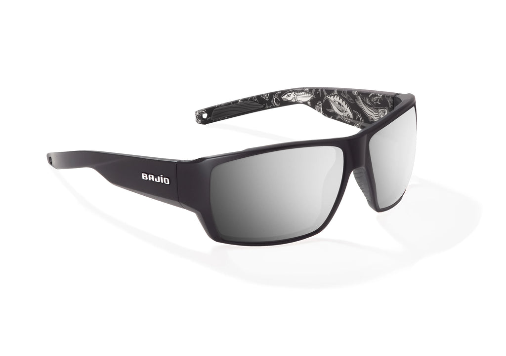 Angled view of Black Matte - Temples for Change Vega Bajio wide body sunglasses, bio-based nylon frames with silver mirror polarized lenses, full wrap, large fit, premium built in sun ledge and flex hinges, ideal for fishing and outdoor use. 