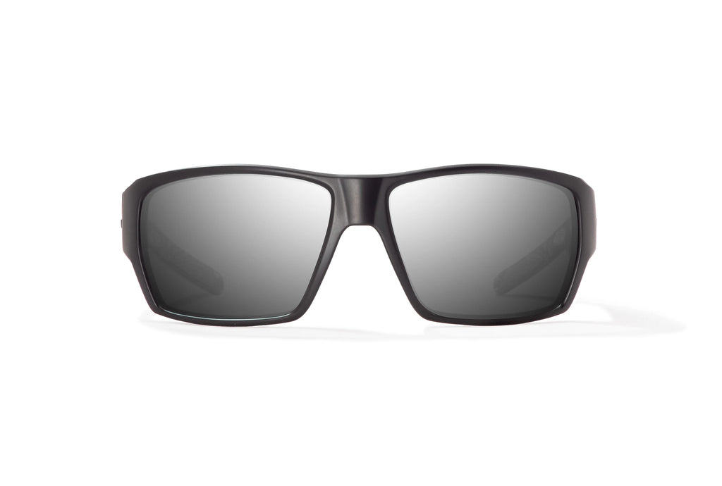 Front view of Black Matte - Temples for Change Vega Bajio wide body sunglasses, bio-based nylon frames with silver mirror polarized lenses, full wrap, large fit, premium built in sun ledge and flex hinges, ideal for fishing and outdoor use. 