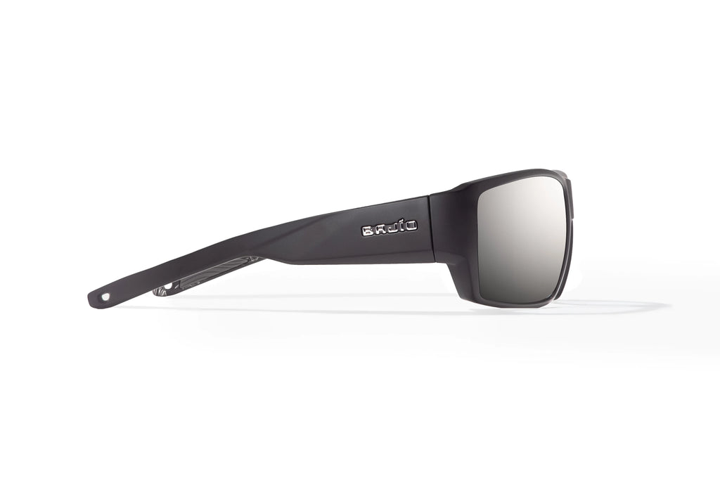Side view of Black Matte - Temples for Change Vega Bajio wide body sunglasses, bio-based nylon frames with silver mirror polarized lenses, full wrap, large fit, premium built in sun ledge and flex hinges, ideal for fishing and outdoor use. 